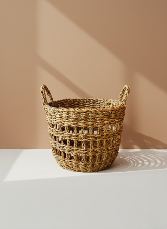 Örgü Dokulu Hasır Saksı El Yapımı Doğal Bitki ve Dekorasyon Sepeti Seti